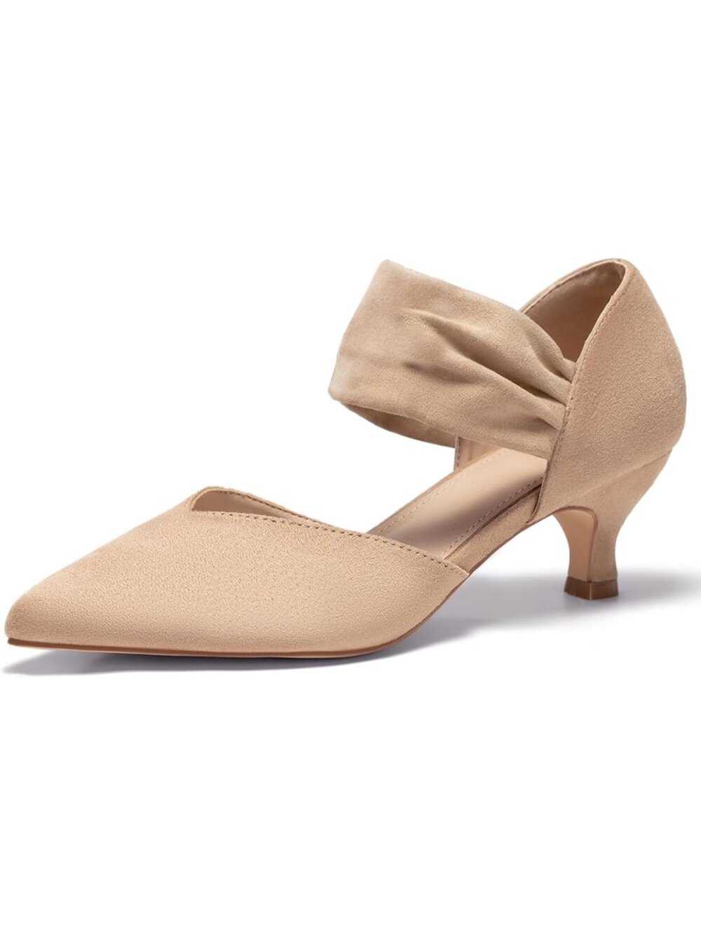 〽️Women's Suede Nude Low Kitten Heel Pointed Toe Slip On Pump Ankle Strap Shoes